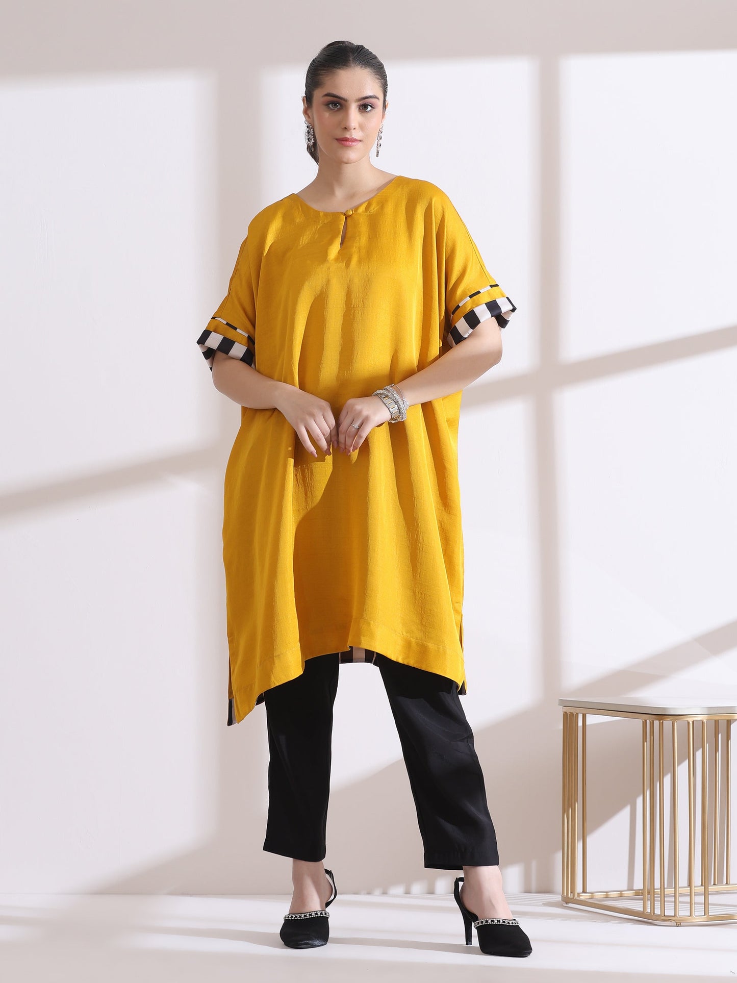 Dhiyona ST Women's Yellow Kurta with Chevron Inner Details 1 Piece | Straight Fit, Round Neck, 3/4 Sleeves, Workwear, (Lux Fabric)
