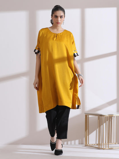 Dhiyona ST Women's Yellow Kurta with Chevron Inner Details 1 Piece | Straight Fit, Round Neck, 3/4 Sleeves, Workwear, (Lux Fabric)