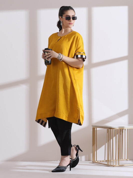 Dhiyona ST Women's Yellow Kurta with Chevron Inner Details 1 Piece | Straight Fit, Round Neck, 3/4 Sleeves, Workwear, (Lux Fabric)