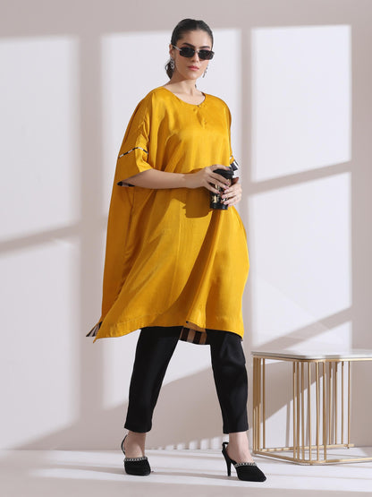 Dhiyona ST Women's Yellow Kurta with Chevron Inner Details 1 Piece | Straight Fit, Round Neck, 3/4 Sleeves, Workwear, (Lux Fabric)