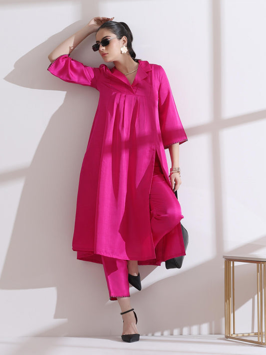 Dhiyona ST Women's Fuchsia Kurta with Collar Detailing with Pants 2 Piece Set | Straight Fit, V Neck, 3/4 Sleeves, Workwear, (Lux Fabric)