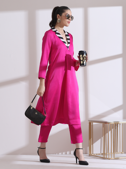 Dhiyona ST Women's Fuchsia Kurta with Striped Collar and Pants 2 Piece Set | Straight Fit, V Neck, 3/4 Sleeves, Workwear, (Lux Fabric)