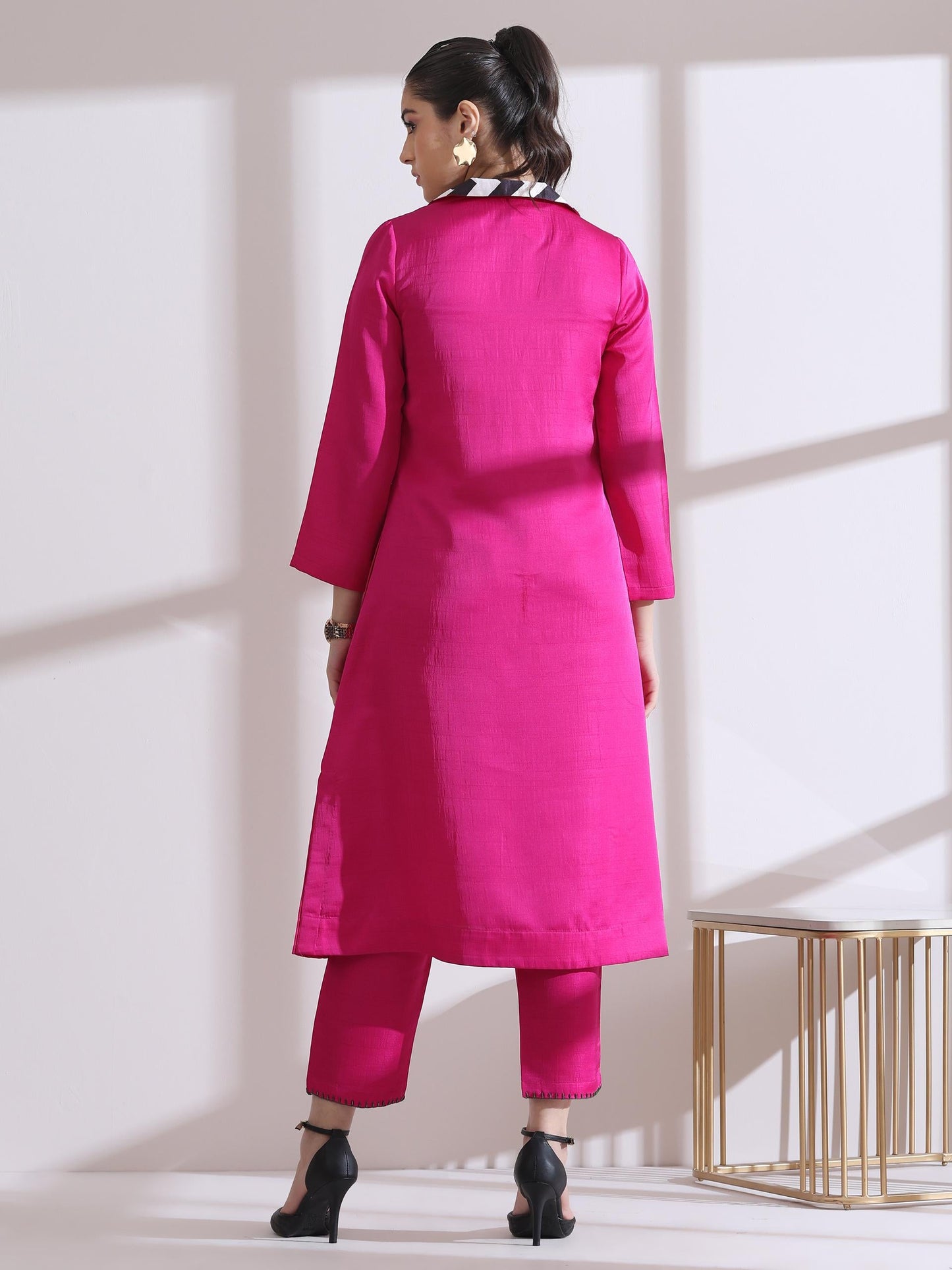 Dhiyona ST Women's Fuchsia Kurta with Striped Collar 1 Piece | Straight Fit, V Neck, 3/4 Sleeves, Work Wear, (PRF'T Lux Duchess Satin Texture)
