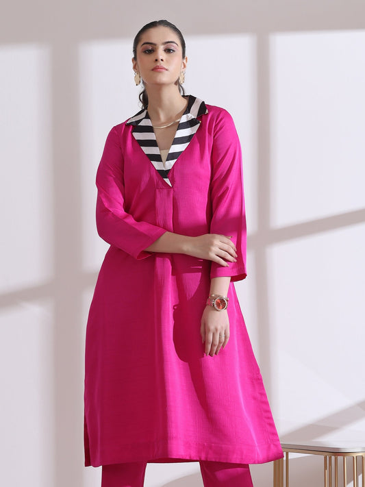 Dhiyona ST Women's Fuchsia Kurta with Striped Collar 1 Piece | Straight Fit, V Neck, 3/4 Sleeves, Work Wear, (PRF'T Lux Duchess Satin Texture)