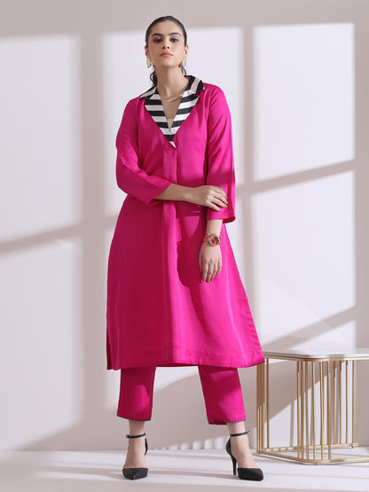 Dhiyona ST Women's Fuchsia Kurta with Striped Collar 1 Piece | Straight Fit, V Neck, 3/4 Sleeves, Work Wear, (PRF'T Lux Duchess Satin Texture)
