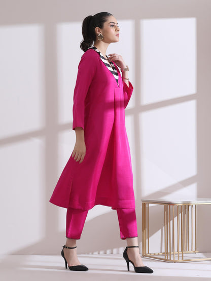 Dhiyona ST Women's Fuchsia Kurta with Striped Collar 1 Piece | Straight Fit, V Neck, 3/4 Sleeves, Work Wear, (PRF'T Lux Duchess Satin Texture)