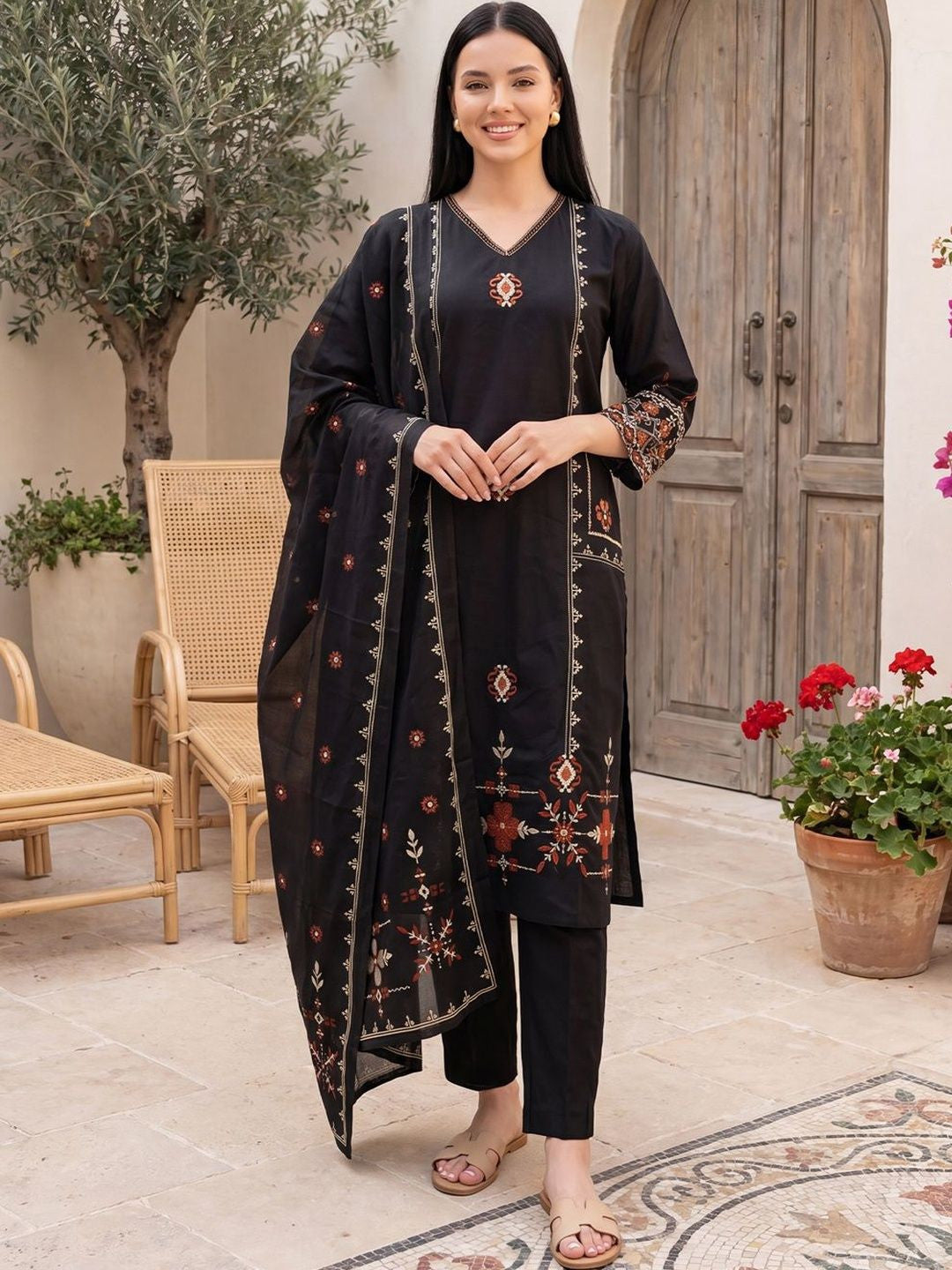 Women Ethnic Motifs Embroidered Regular Thread Work Pure Cotton Kurta with Trousers & With Dupatta