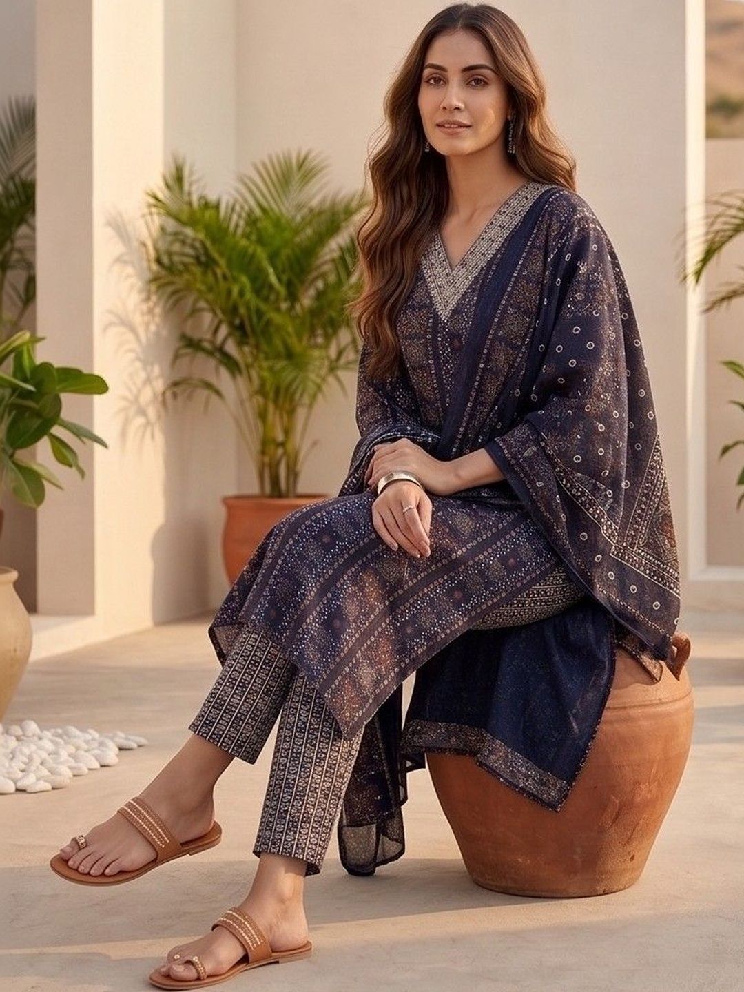 Navy Blue Women Ethnic Motifs Printed Regular Thread Work Kurta with Trousers & With Dupatta