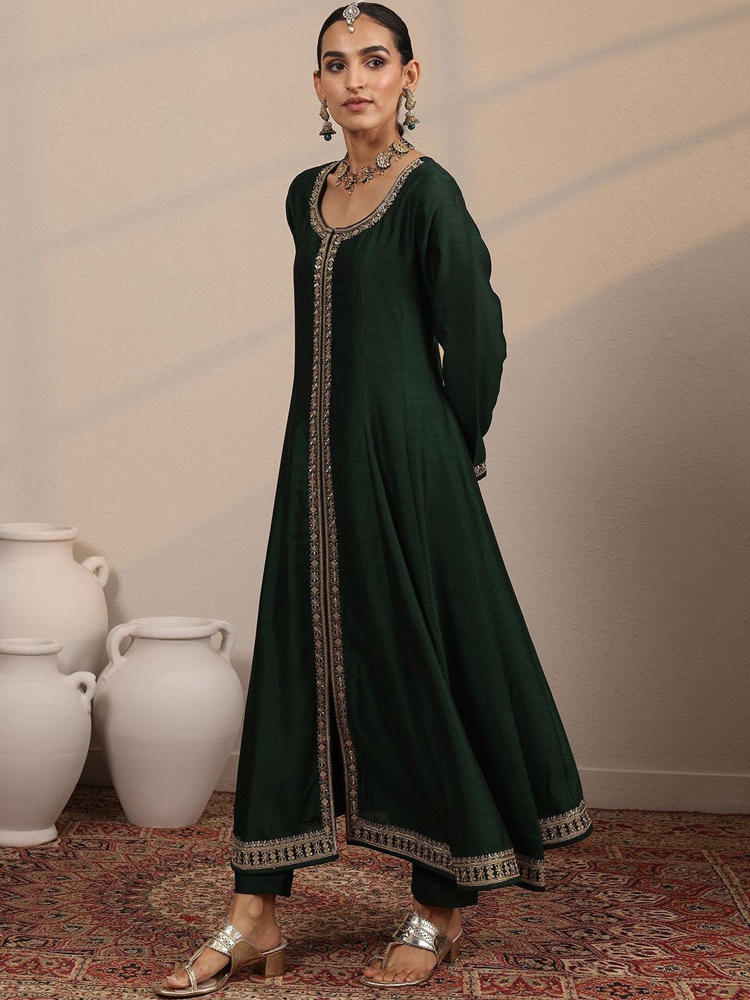 Ethnic Motifs Embroidered Round Neck Zari A-Line Kurta With Trousers & Dupatta