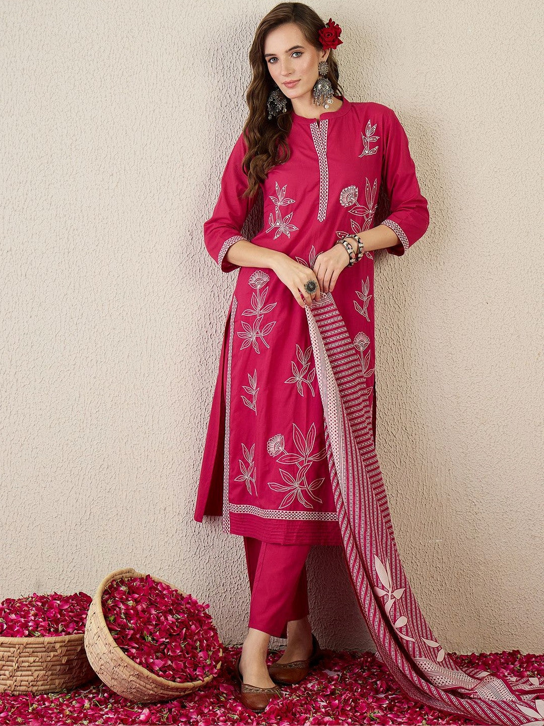 Women Floral Embroidered Regular Beads and Stones Pure Cotton Kurta with Trousers & With Dupatta