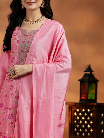 Women's LB Pink Woven Design Silk Blend Straight Suit With Dupatta