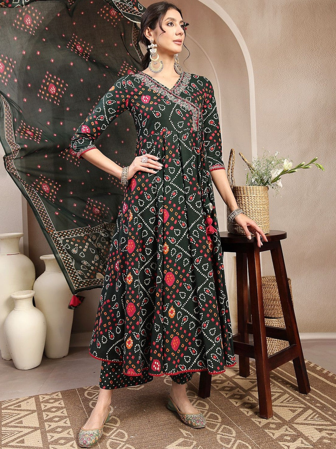 Printed Cotton V-Neck Kurta & Palazzos With Dupatta