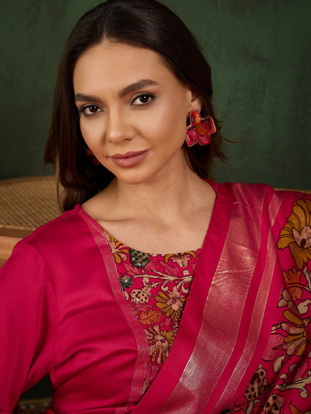 Floral Printed Straight Kurta With Trouser & Dupatta