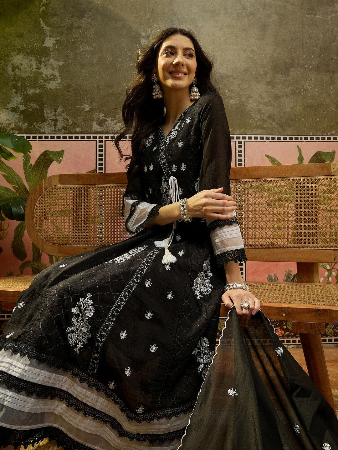 Embroidered Pure Cotton V-Neck Kurti & Trousers