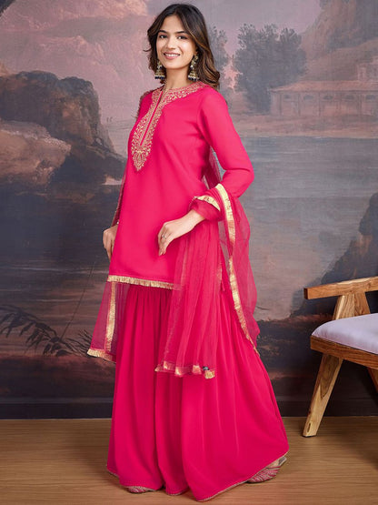 Dhiyona HOP Floral Embroidered Notch Neck Georgette Kurta & Sharara With Dupatta