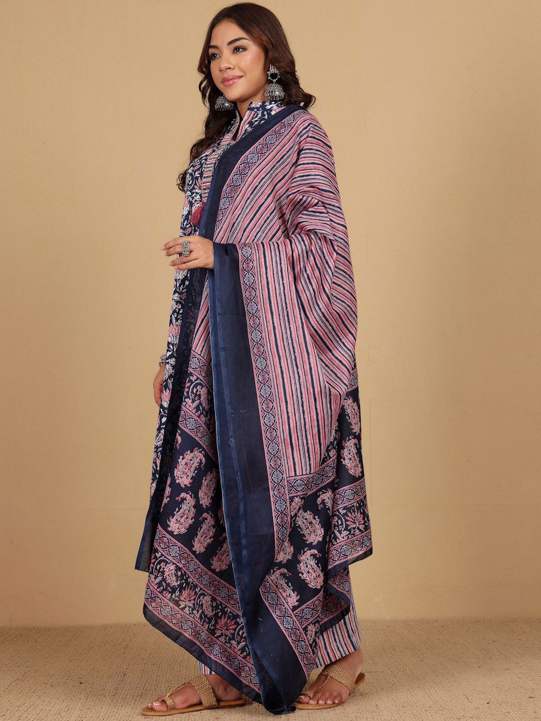 Navy Blue Women Floral Printed Straight Kurta with Palazzo & Dupatta