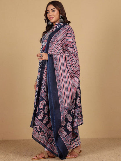 Navy Blue Women Floral Printed Straight Kurta with Palazzo & Dupatta