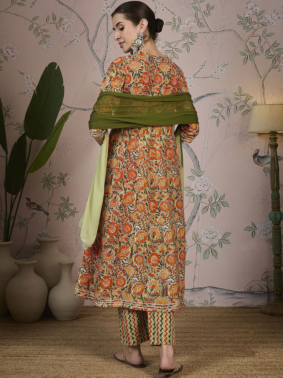 Floral Printed Gotta Patti Pure Cotton A-Line Kurta With Trousers And Dupatta