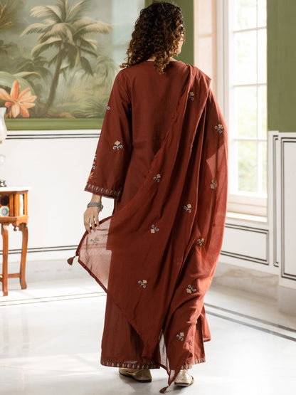 Embroidered Pure Cotton V-Neck Kurta Trousers & Dupatta