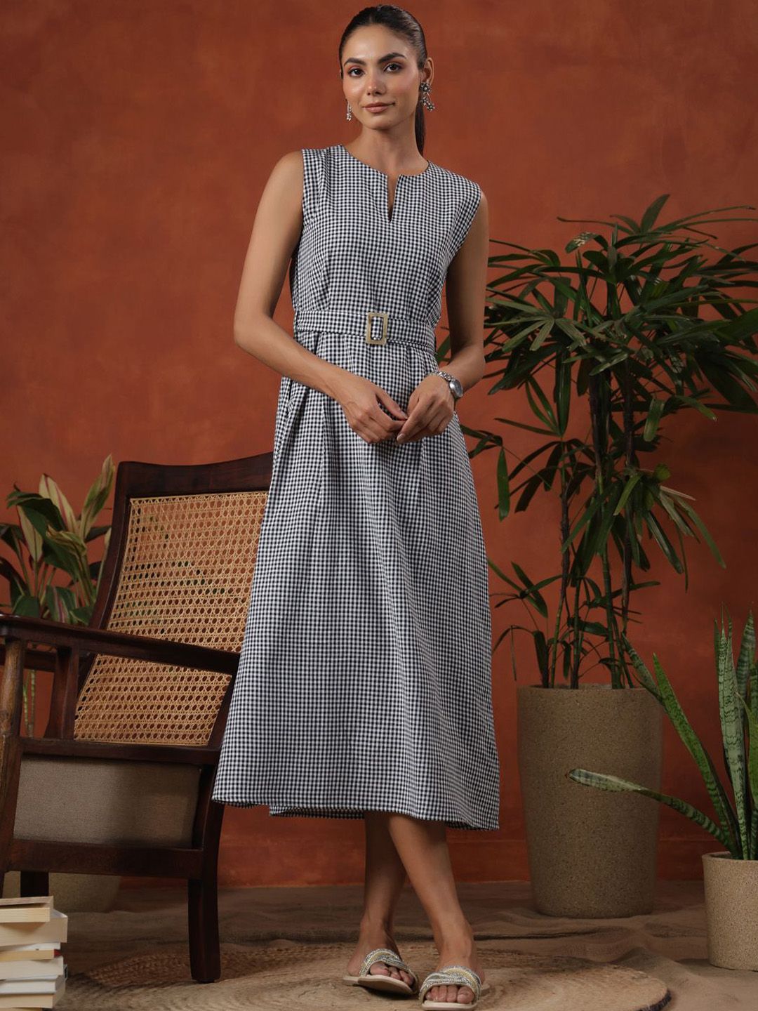 Dhiyona AY Women's Checked Cotton A-Line Midi Dress With Belt