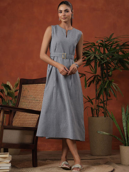 Dhiyona AY Women's Checked Cotton A-Line Midi Dress With Belt