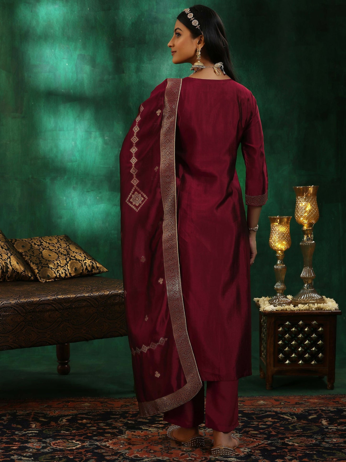 Women's LB Maroon Woven Design Silk Blend Straight Suit With Dupatta