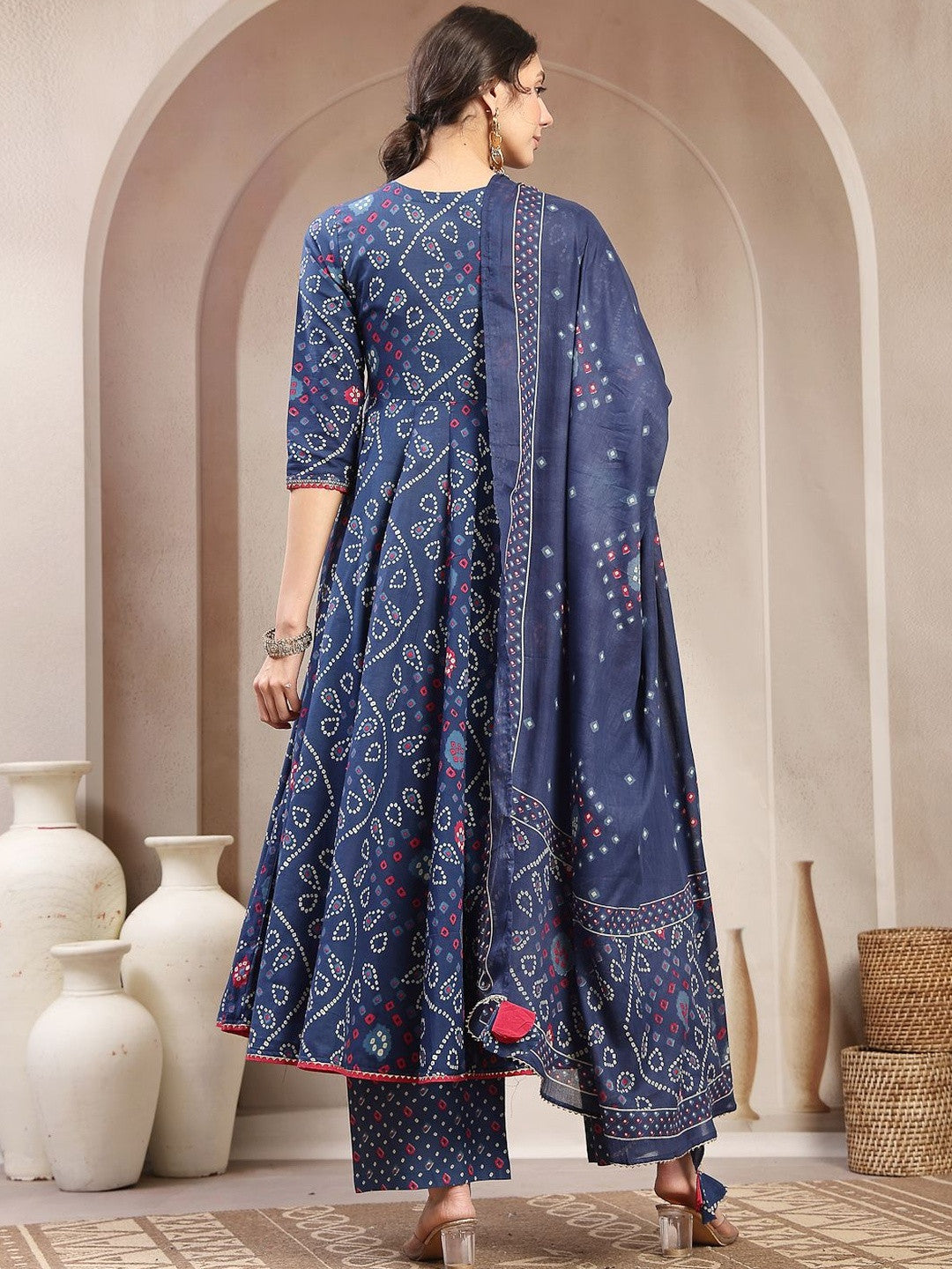 Printed Cotton V-Neck Kurta & Palazzos With Dupatta