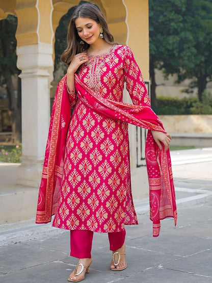 Dhiyona KL Women Ethnic Motifs Printed Regular Kurta with Trousers & With Dupatta