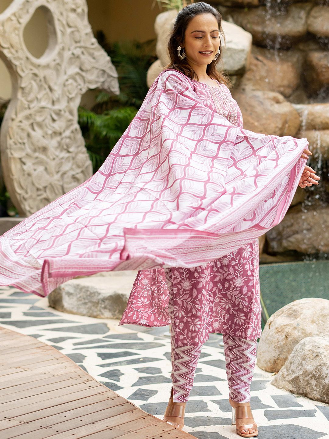 Dhiyona KL Floral Printed Sequinned Pure Cotton Kurta with Trousers & Dupatta