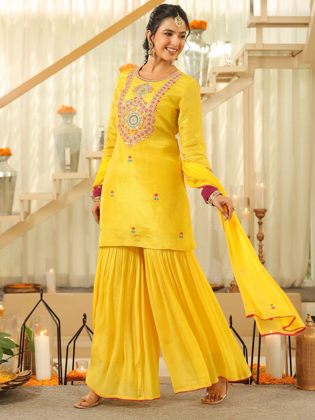 Dhiyona SC Women Ethnic Motifs Embroidered Kurta with Sharara & Dupatta