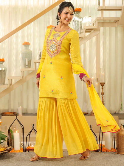 Dhiyona SC Women Ethnic Motifs Embroidered Kurta with Sharara & Dupatta