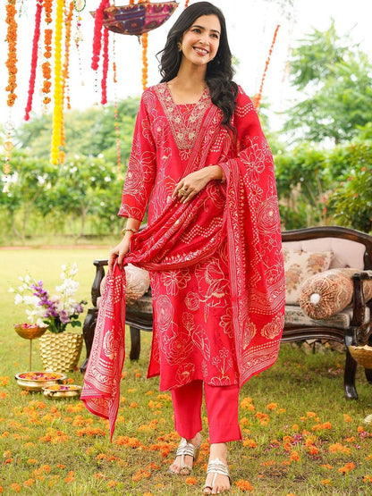 Dhiyona KL Floral Printed Straight Thread Work Kurta With Trouser & Dupatta
