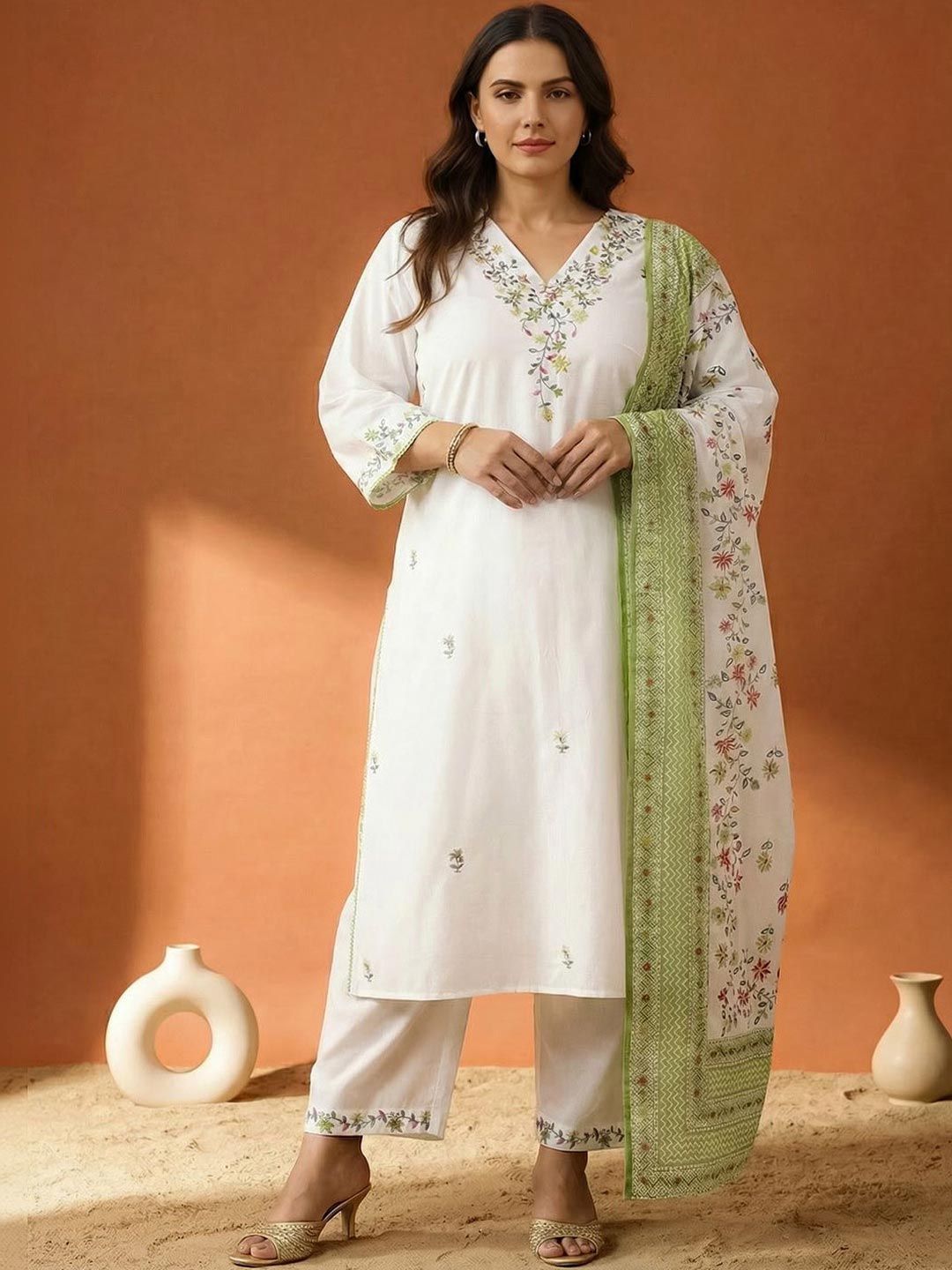 Dhiyona Women's Floral Embroidered Regular Thread Work Pure Cotton Kurta with Trousers & With Dupatta