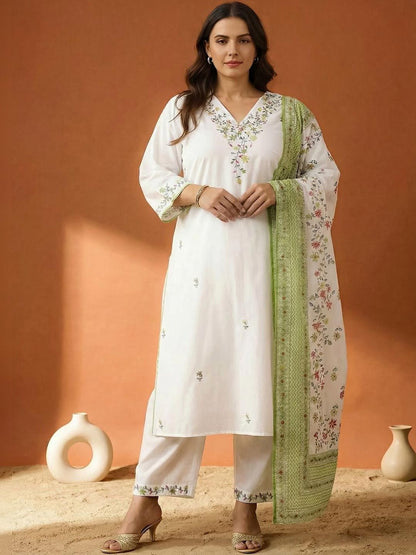 Dhiyona Women's Floral Embroidered Regular Thread Work Pure Cotton Kurta with Trousers & With Dupatta