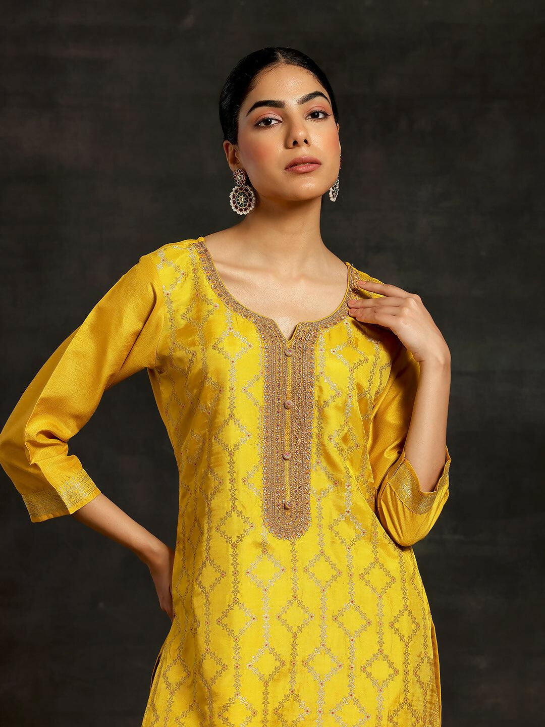 Women's LB Mustard Woven Design Silk Blend Straight Suit With Dupatta