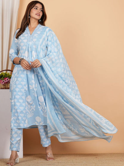 Dhiyona KL Ethnic Motifs Printed V-Neck Kurta With Trousers & Dupatta