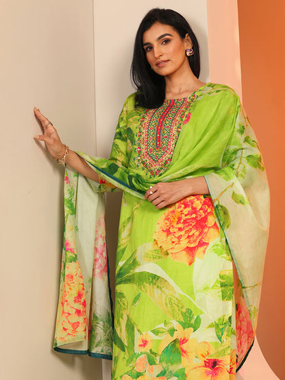 Floral Printed Thread Work Kurta With Trousers & Dupatta