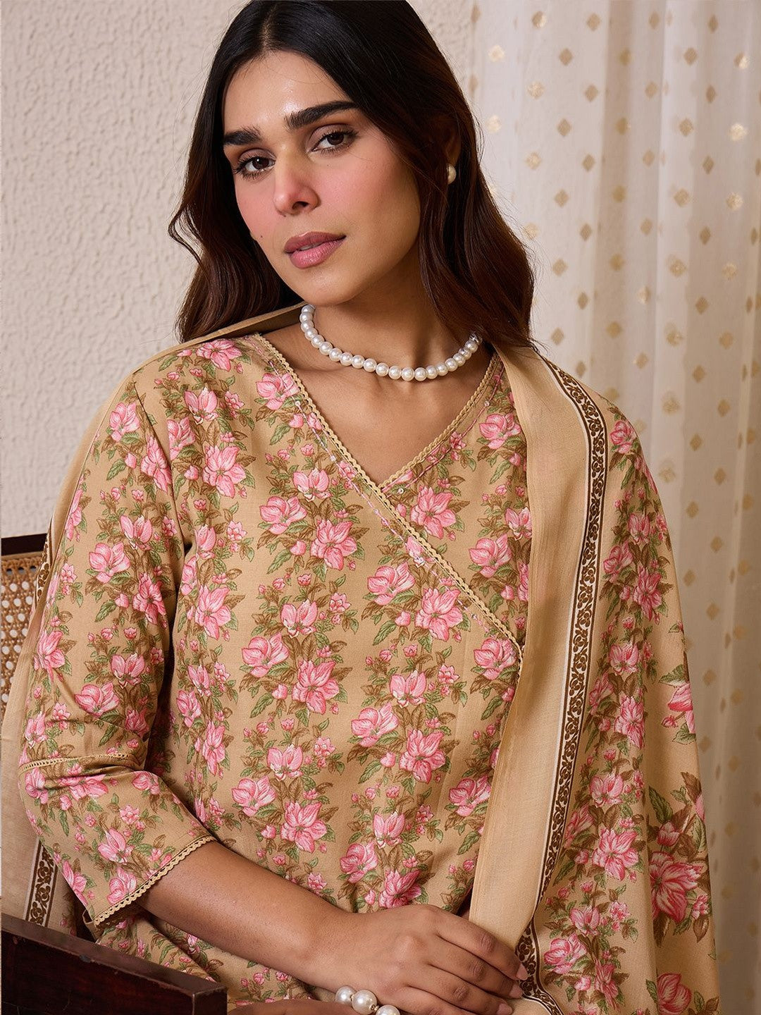 Women Floral Printed Angrakha Pure Cotton Kurta with Trousers & With Dupatta