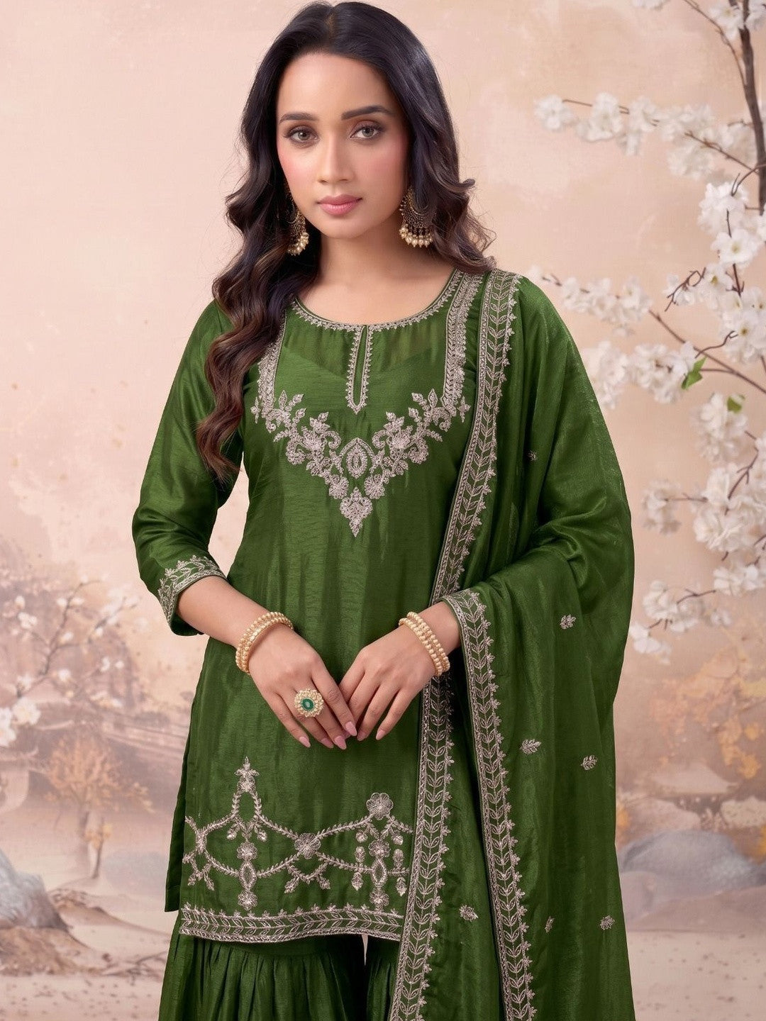 Women Ethnic Motifs Embroidered Regular Thread Work Kurta with Sharara & With Dupatta