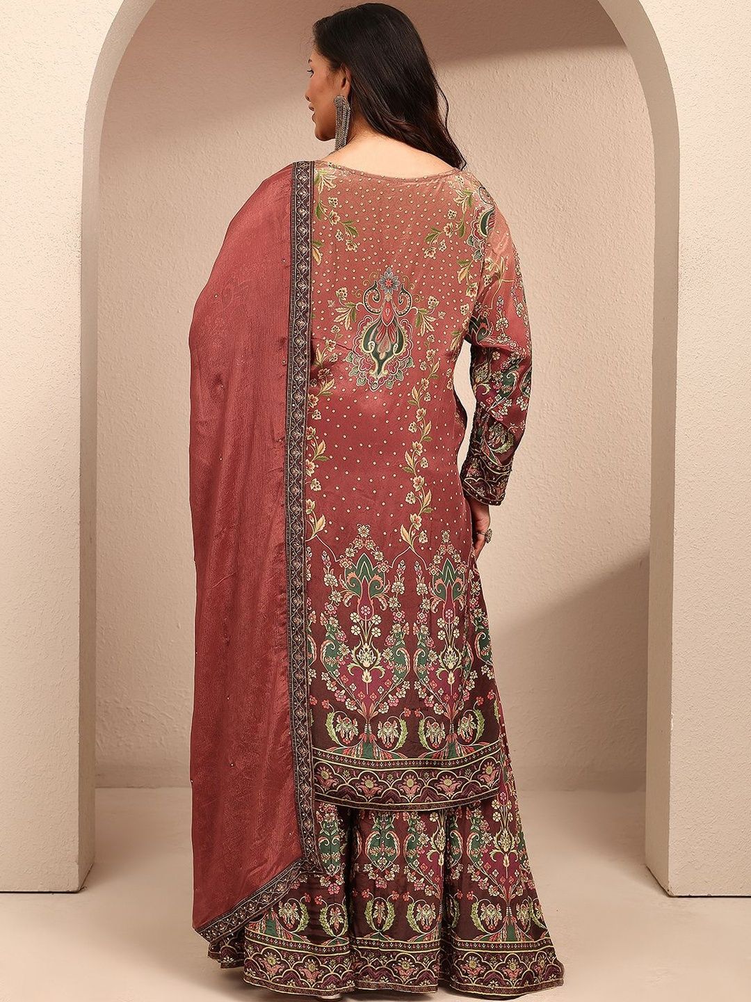 Dhiyona Women's Ethnic Motifs Printed Regular Silk Crepe Kurta with Palazzos & With Dupatta