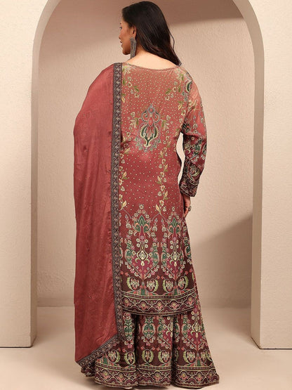 Dhiyona Women's Ethnic Motifs Printed Regular Silk Crepe Kurta with Palazzos & With Dupatta