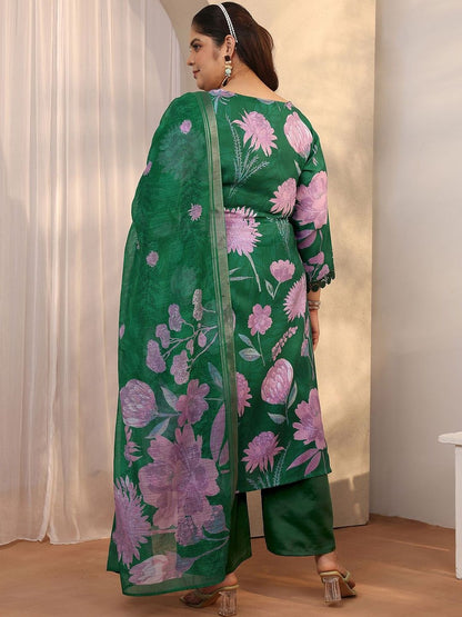 Dhiyona Women's Plus Size Floral Printed Linen Kurta with Trousers & Dupatta