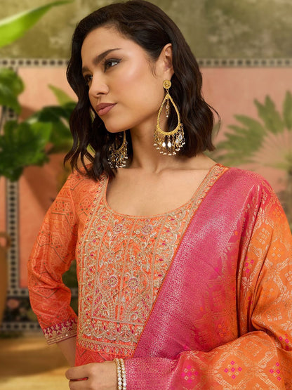 Dhiyona SN Embroidered Round Neck Kurta & Palazzos With Dupatta