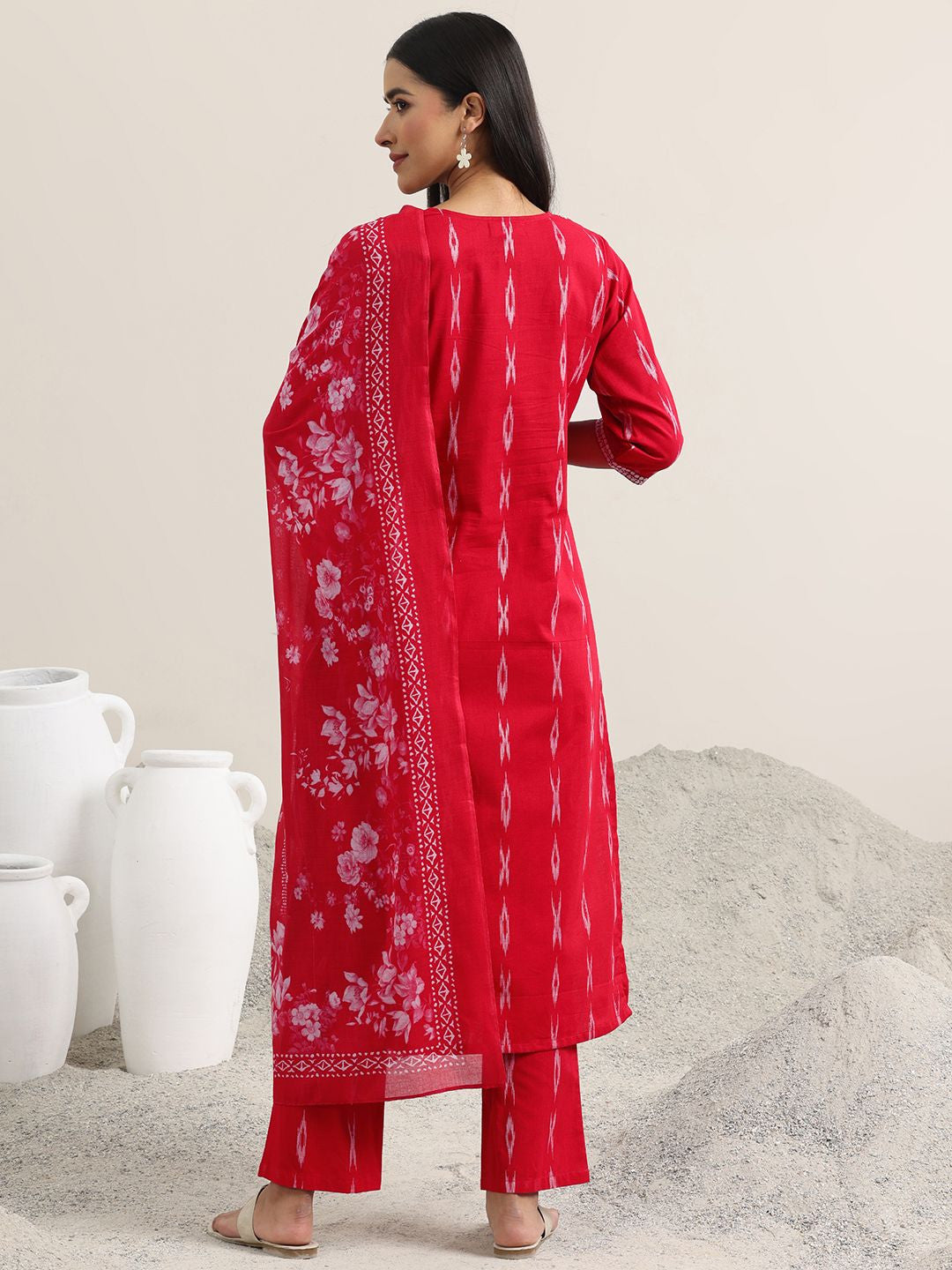 Abstract Woven Design Regular Thread Work Straight Kurta With Trousers & Dupatta