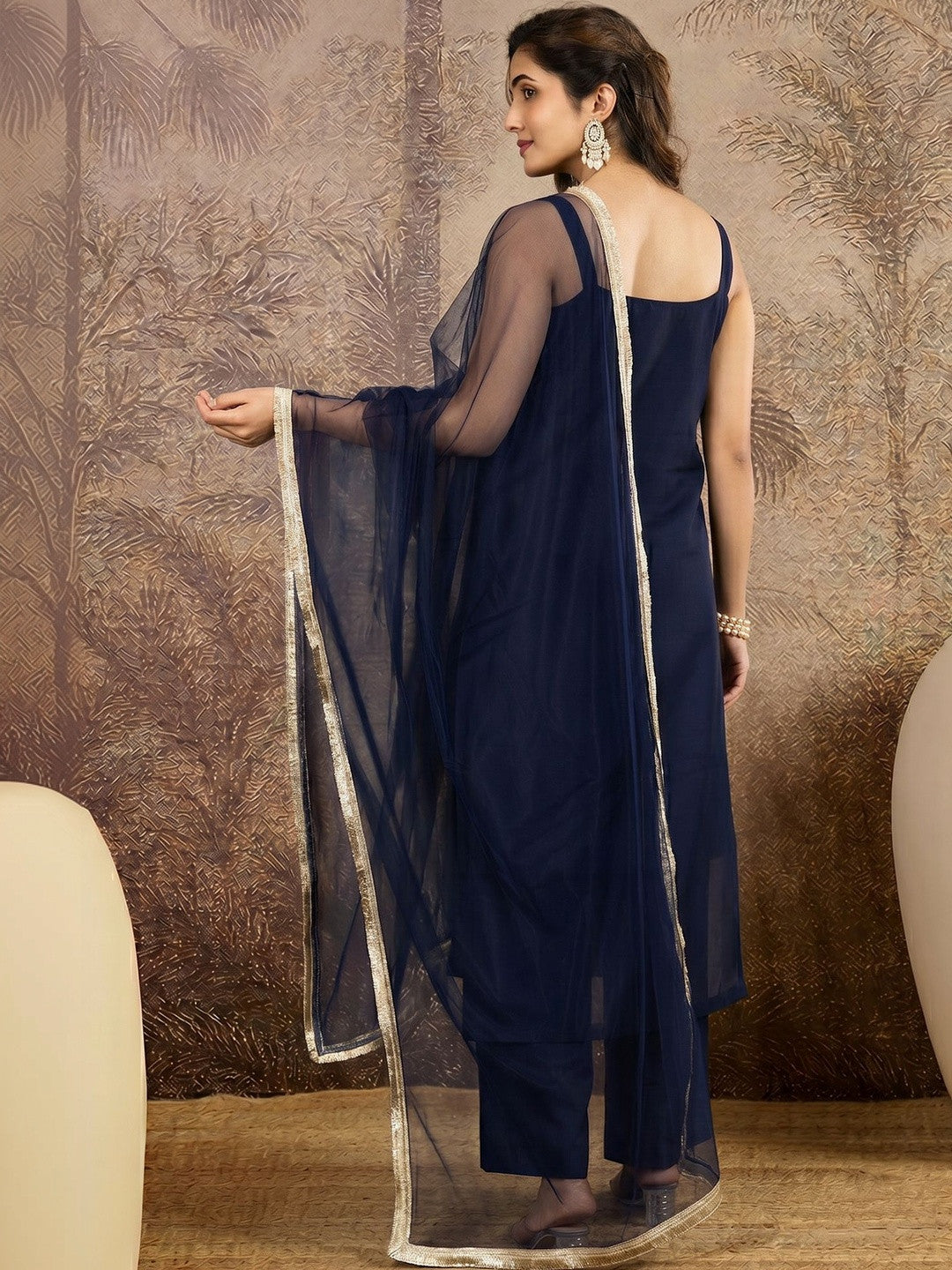 Embroidered Silk Blend Sweetheart Neck Kurta & Trousers With Dupatta
