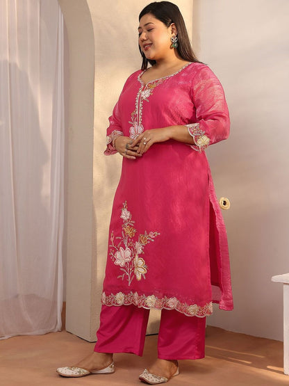 Dhiyona Women's Plus Size Floral Embroidered Kurta with Trousers & With Dupatta