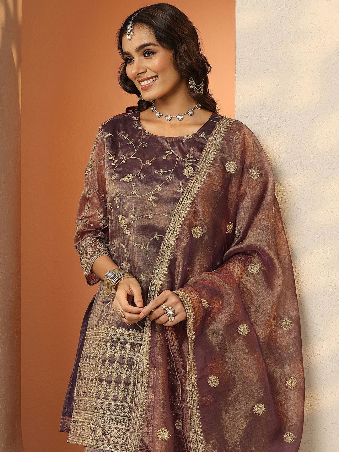 Dhiyona LL Women Ethnic Motifs Embroidered Regular Thread Work Kurta with Palazzos & With Dupatta