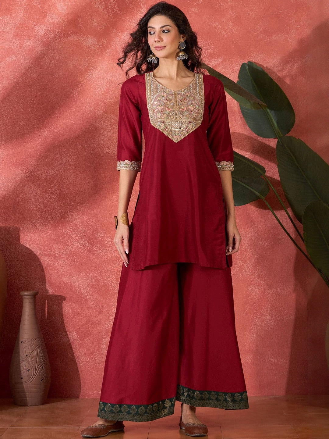 Floral Embroidered V-Neck Sequinned Kurta With Palazzos & Dupatta