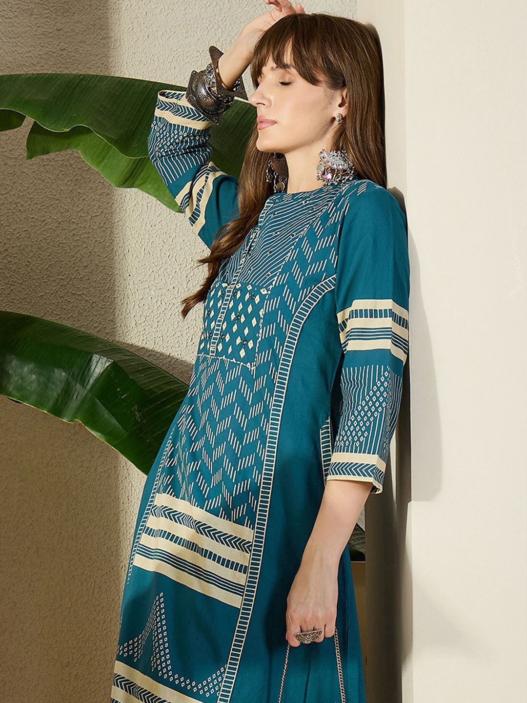 Dhiyona IE Geometric Printed Pure Cotton Top With Trousers Co-Ords