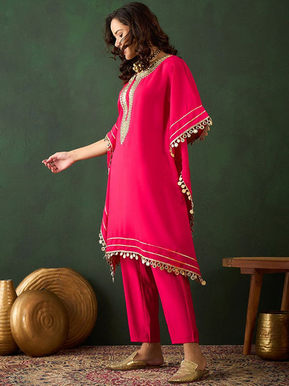 Dhiyona SN Women's Fuchsia Geometric Embroidered Round Neck Mirror Work Kaftan With Trousers
